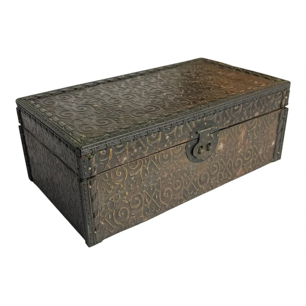 Metal & Wood Embossed Treasure Storage Box Chest Boho Lined w/ Latch 10